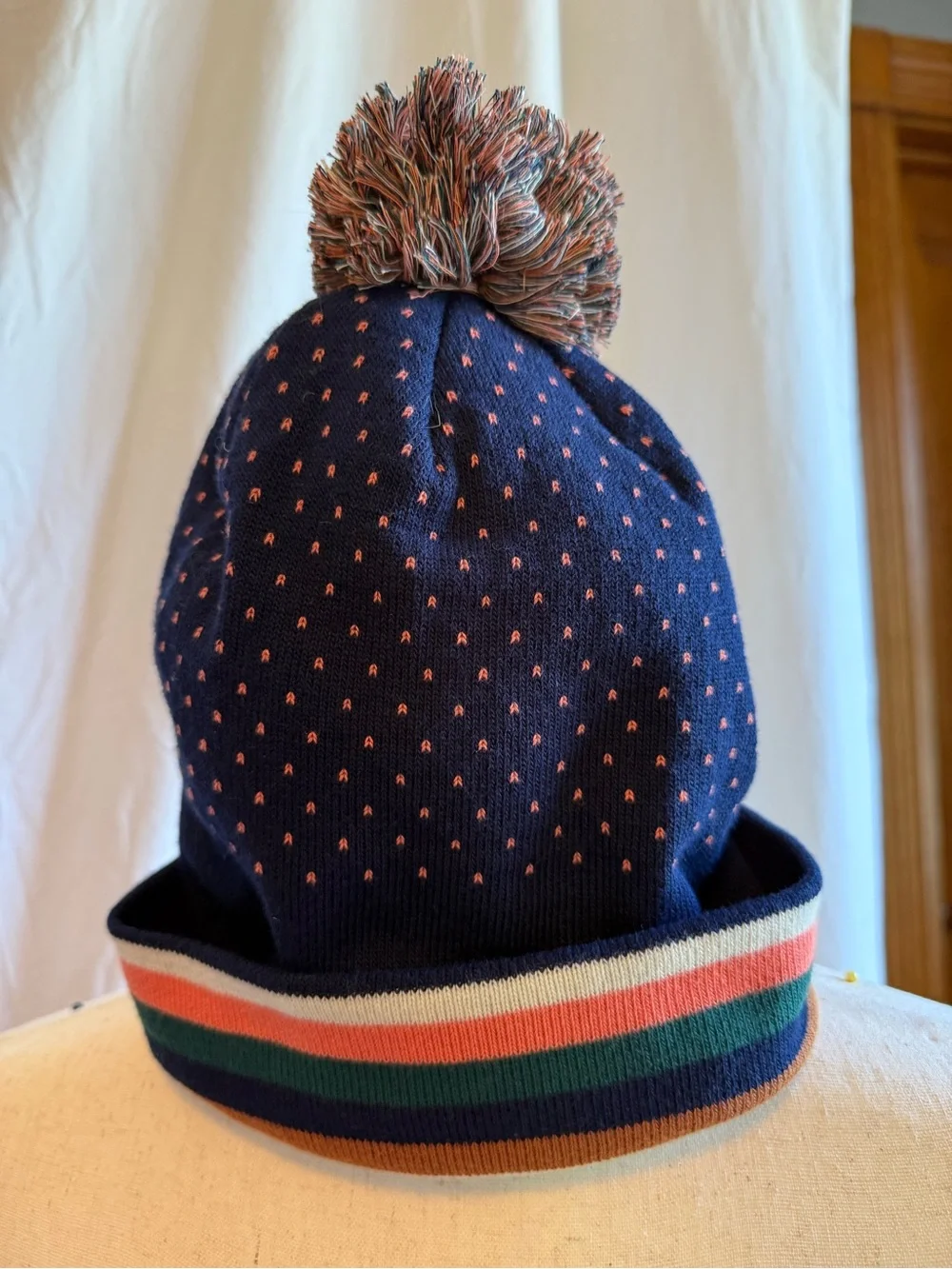 L.L. Bean Navy Beanie with Coral Script & Multicolor Stripes